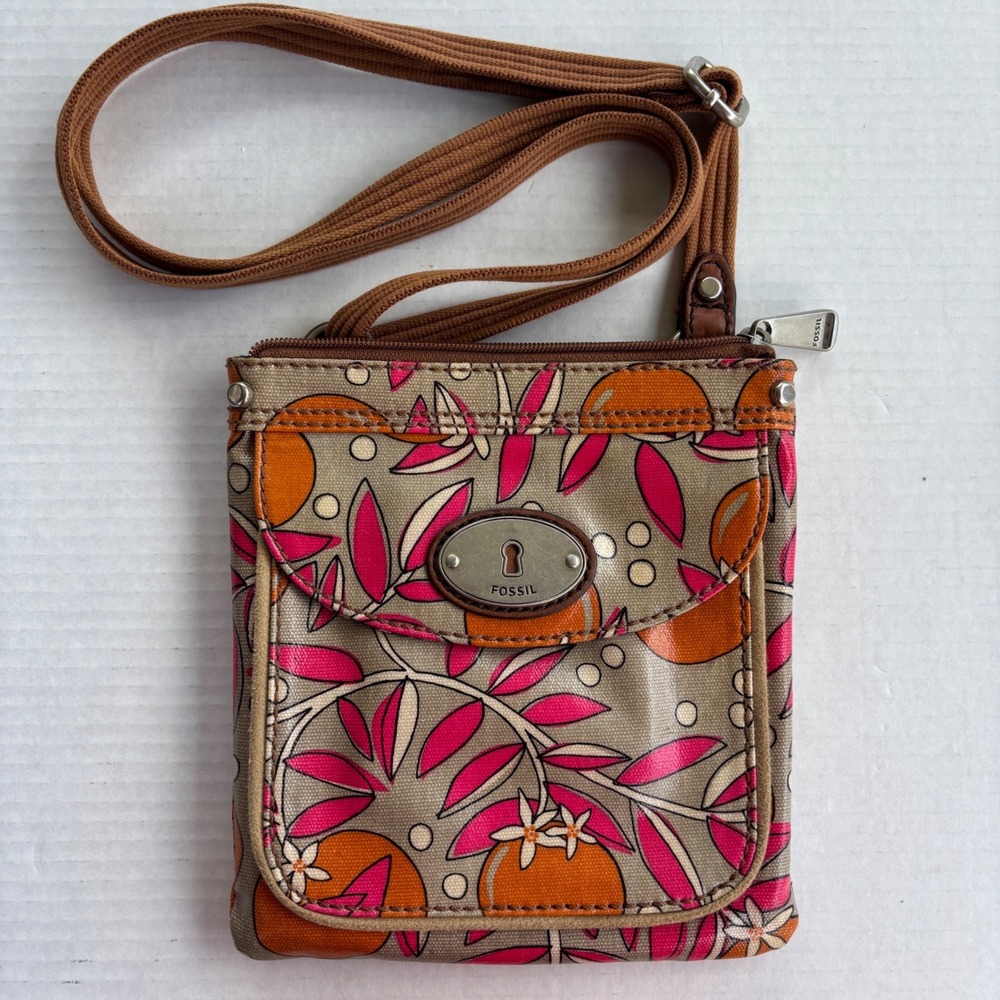 Fossil‎ Key-Per Crossbody Bag Orange Pink Floral Citrus Coated Canvas Mini Bag